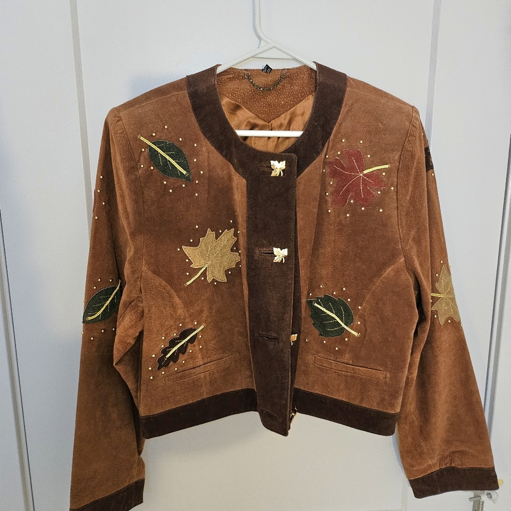 Vintage Suede Leather Short Blazer Jacket Maple Leaf Fall Autumn Embroidered